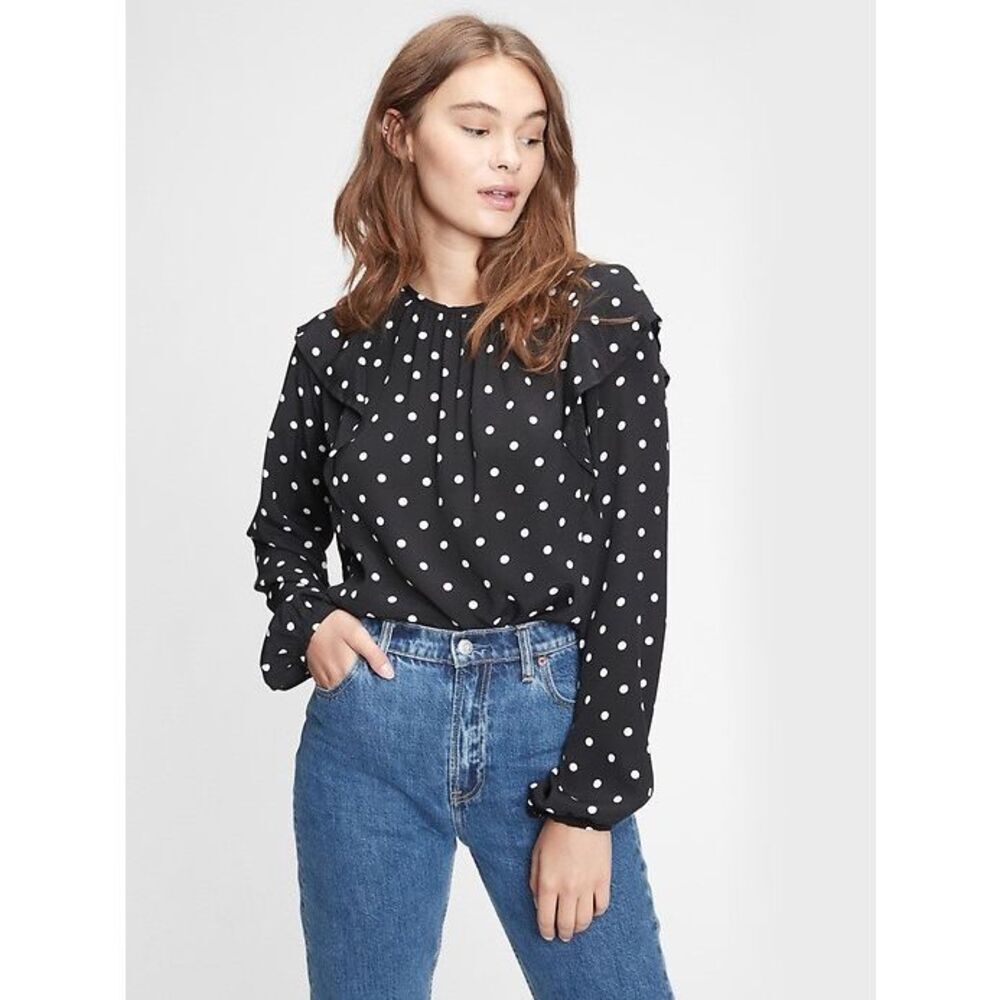 New Gap Ruffle Shoulder Long Sleeve Polka Dot‎ Blouse Rayon Black White S